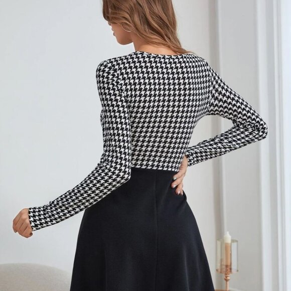 New Houndstooth Fitted And Flare Long sleeves mini Dress - Picture 7 of 8